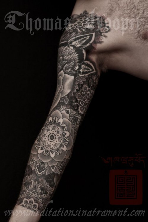 Black And White Tattoo On Full Sleeve